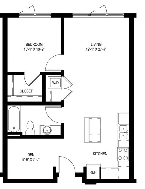 Floor plan for 1 bed, 1 bath, 707 sqft